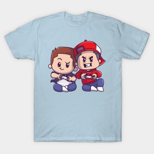 Cute Couple Boy Playing Game Cartoon T-Shirt